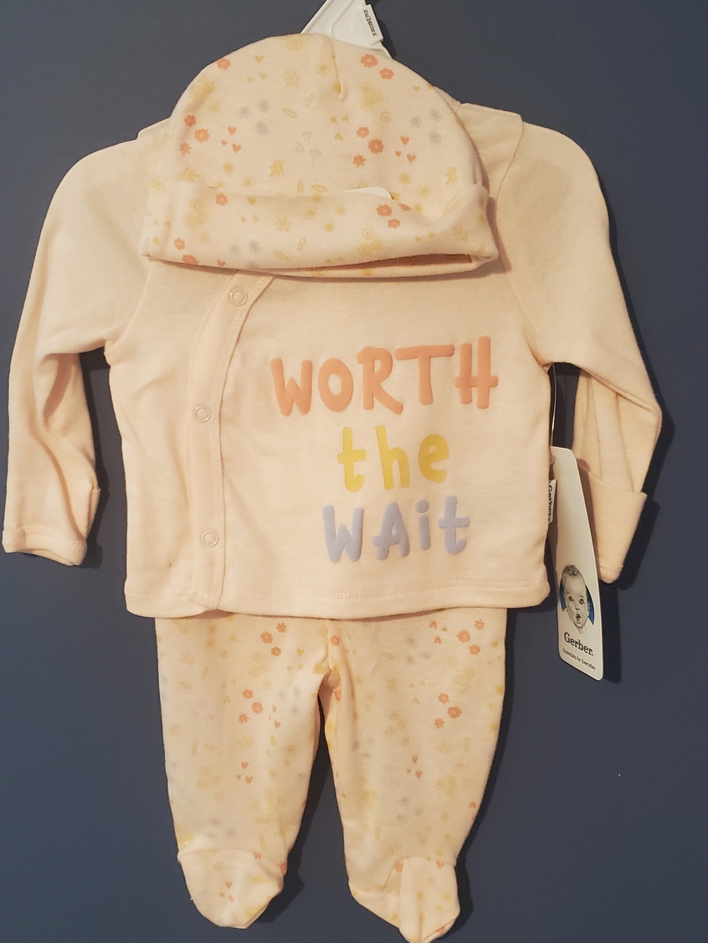 Gerber Peach Pink Yellow Blue 'Worth the Wait' 3-Piece Pajama Set